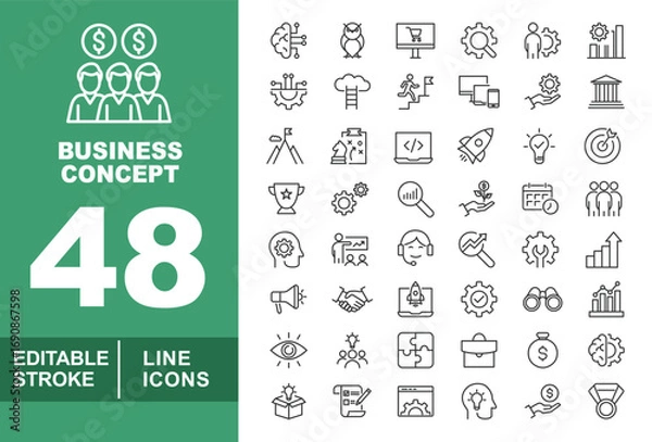 Fototapeta Business Concept line icon set. Editable stroke icons for Business Concept. Containing Team, Brain, Owl, Cart, Gear, Person, Chart, Settings, Cloud, Ladder, Mountain, Chess, Code, Rocket, Idea, Target