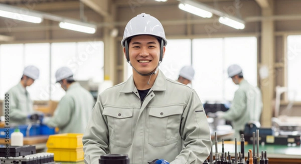 Obraz 笑顔の男性作業員（工場・製造業・制御室などの求人広告用）