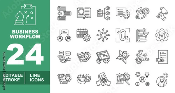 Fototapeta Business Workflow line icon set. Editable stroke icons for Business Workflow. Containing Chess, Chat, Book, Blocks, Checklist, Document, Hand, Calendar, Gear, Loop, Funnel, Settings, Paper, Code, Bolt