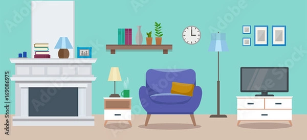 Fototapeta Cozy interior of a modern elegant living room with an armchair, a sofa, a tv table, a fireplace, and various decorations. Flat style vector design template