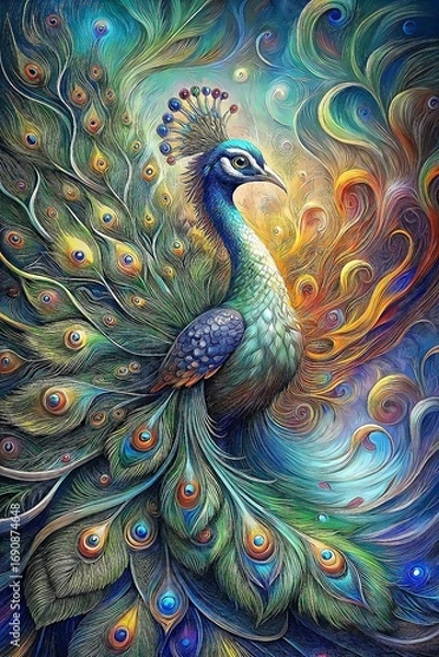 Fototapeta Vibrant Peacock Colorful Plumage Artistic Swirls Captivating Visual Harmony Elegance Nature Display