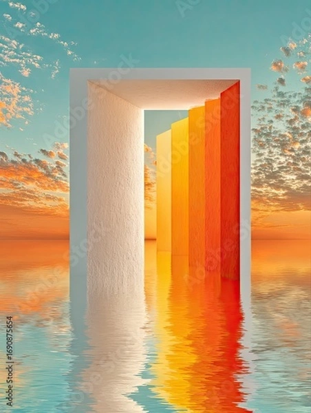 Fototapeta Abstract digital illustration Stunning surreal landscape with vibrant colors reflecting in tranquil water, featuring an abstract doorway against a dramatic sunset sky. featuring elegant details, smoot