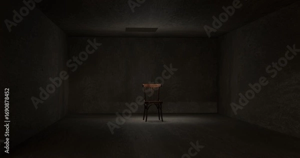 Obraz A dark cinematic view of a room with chair placed in the middle