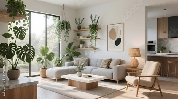 Fototapeta Modern Living Room with Natural Light and Indoor Plants in a Peaceful Setting