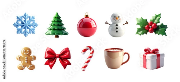 Fototapeta Set of Christmas clipart elements, snowflake, Christmas tree, ball, snowman, holly berry, gingerbread man, bow, caramel cane, cocoa drink, gift box isolated. 3d rendering. PNG transparent background