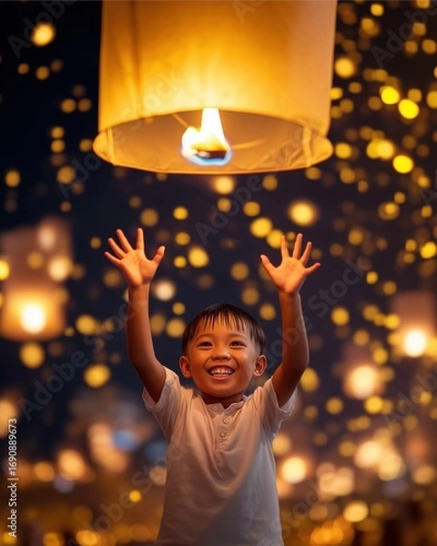 Fototapeta A joyful Thai boy with a bright smile raises both hands to release a glowing paper sky lantern at the Chiang Mai Lantern Festival in Thailand, also known as Yi Peng. The lantern shows a realistic bamb