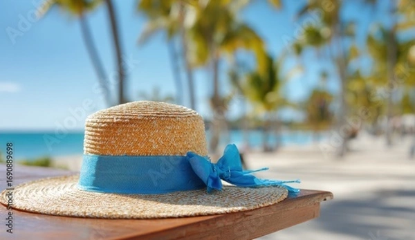 Fototapeta Straw hat on a table, beach background