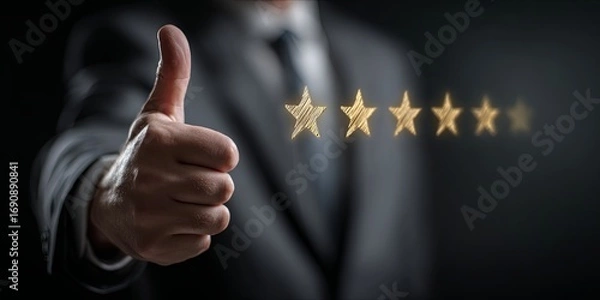 Fototapeta Businessman Giving Thumbs Up with Five Golden Stars Representing Excellence and Quality in a Professional Setting