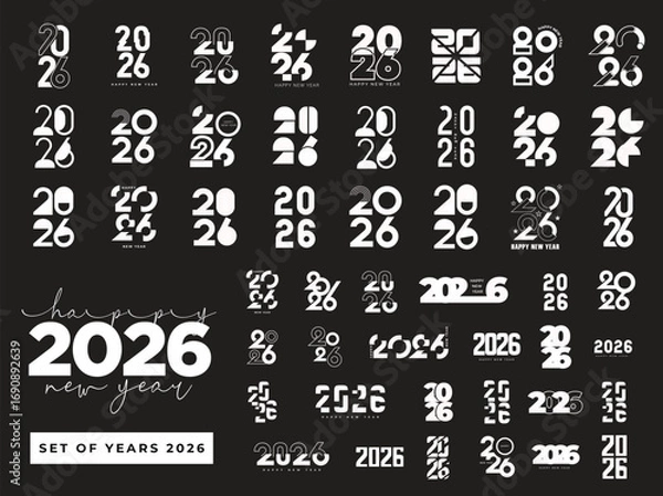 Fototapeta Big Set of 2026 Happy New Year logo text design. 2026 number design template. Collection of 2026 Happy New Year symbols. Vector illustration with black labels isolated on black background.