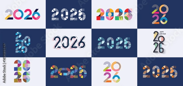 Fototapeta Big Set of 2026 geometric number design template. 2026 New Year logo text design. Collection of 2026 Happy New Year. Vector illustration.