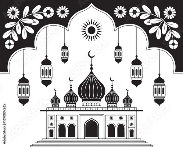 Obraz Ornate Islamic Building Silhouette Vector Lanterns Crescent Moon Floral Archway Architectural