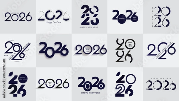 Fototapeta Happy New Year 2026 logos design black set. Vector Christmas with numbers 2026 isolated on white background. New Year holiday logos template. Collection of modern 2026 Happy New Year symbols.