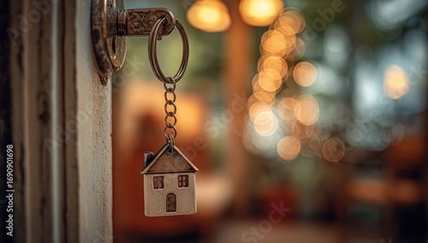 Fototapeta A key fob shaped like a small house hangs on a door