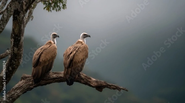 Fototapeta two vultures sitting on a branch in a tree