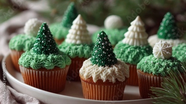 Fototapeta a plate of cupcakes with frosting and trees on top