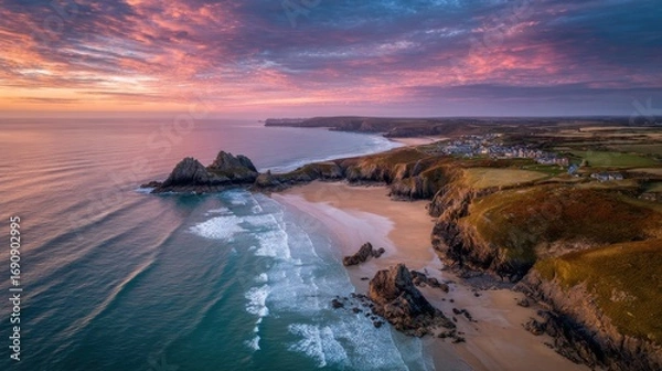 Fototapeta a beach with a body of water and a cliff