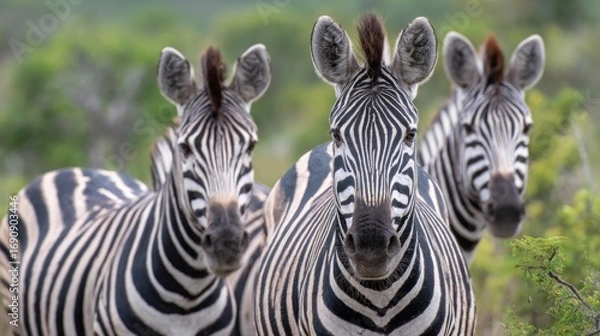 Fototapeta three zebras standing in a field with trees in the background
