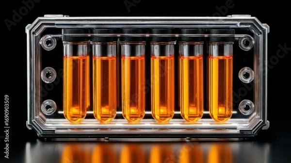Fototapeta a group of test tubes filled with orange liquid
