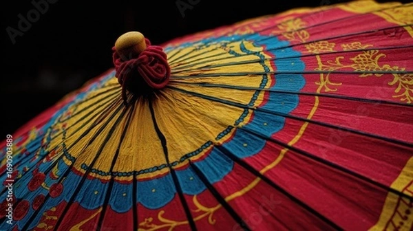 Fototapeta a red and blue umbrella with chinese writing on it