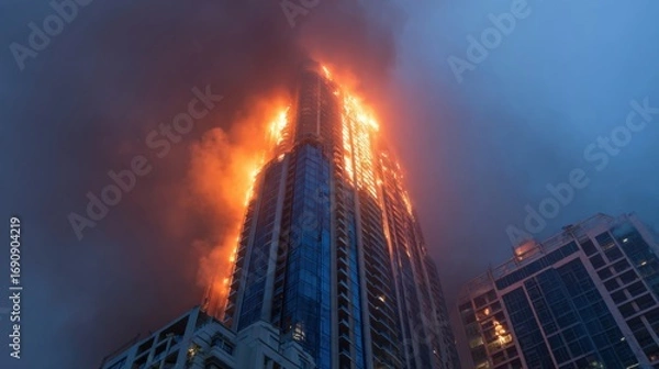 Fototapeta a tall building is on fire in the city