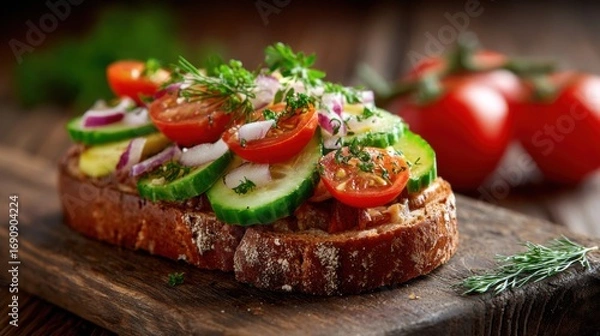 Fototapeta a sandwich with tomatoes, cucumbers, and onions