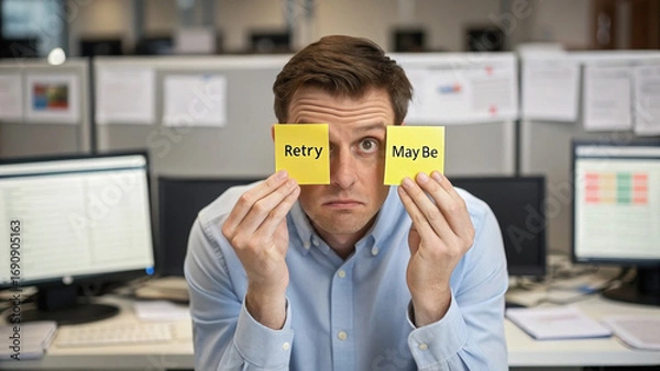 Fototapeta Stressed project manager holding sticky notes labeled Retry and Maybe, expressing uncertainty in modern office environment. scene captures pressure of decision making in corporate setting