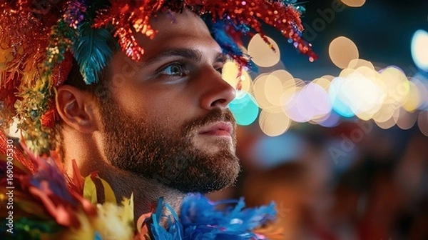Obraz An LGBTQ partner in a colorful costume celebrates New Year's Eve. The festive setting glows with bright lights and joyous energy.