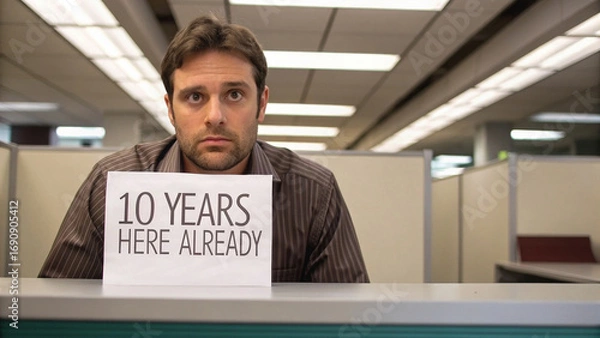 Fototapeta Man in office setting, looking frustrated, holding sign that reads 10 years here already, reflecting feelings of being stuck in dead end job. environment is typical of corporate workspace
