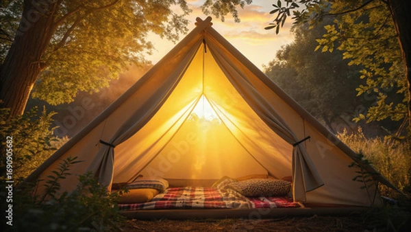 Fototapeta Cozy tent illuminated by golden hour light, creating warm and inviting atmosphere in serene forest setting. soft glow enhances natural beauty surrounding tent, making it perfect retreat