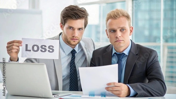 Fototapeta Financial advisors analyzing documents with expressions of concern, highlighting financial loss. scene captures seriousness of financial discussions in modern office environment