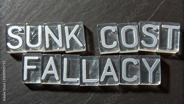 Fototapeta Sunk cost fallacy represented by clear plastic letters on dark surface, illustrating concept of decision making and investment. emotional expression reflects contemplation and analysis