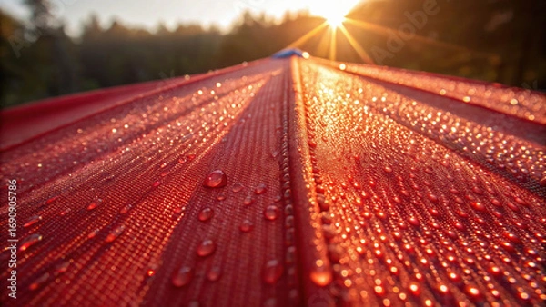 Fototapeta Close up view of vibrant red tent fabric adorned with glistening dew drops, illuminated by warm glow of sun rising in background, creating serene and refreshing atmosphere