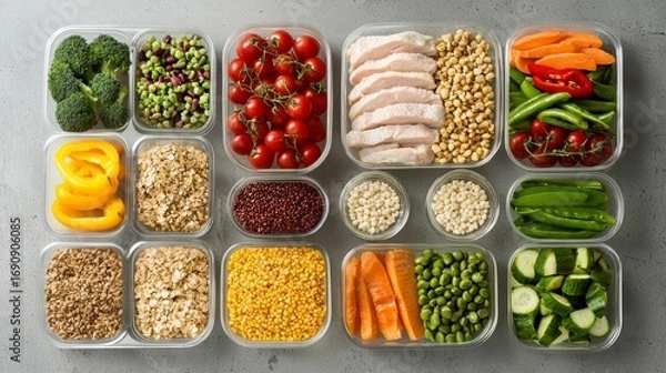 Obraz A flat lay of healthy meal prep containers filled with vegetables, chicken, and grains, perfect for fitness and wellness routines.