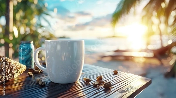Obraz An empty white ceramic coffee cup on a table with a blurred beach scene in the background during sunset.