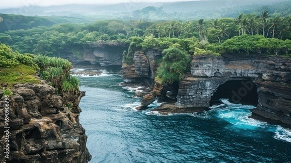 Fototapeta Coastal landscape with caves and cliffs