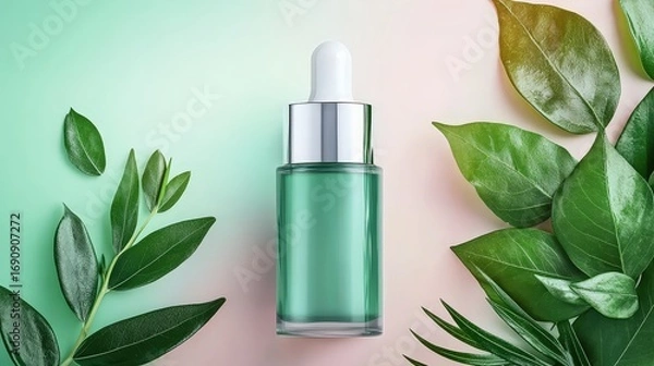 Obraz A single minimalist cosmetic bottle surrounded by fresh green leaves, set against a neutral background, evoking nature and purity.