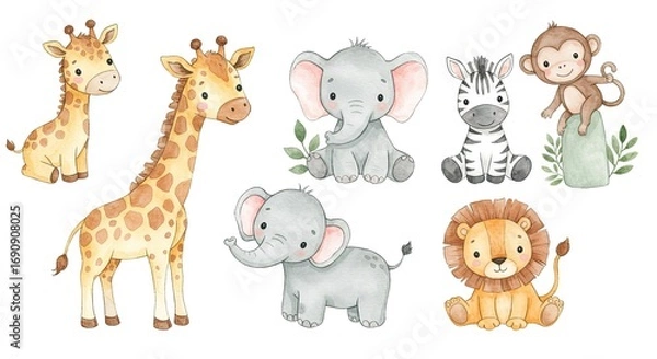 Fototapeta Adorable Watercolor Illustration of Safari Animals: Two Giraffes, Two Elephants, a Zebra, a Monkey, and a Lion, Perfect for Children's Decor or