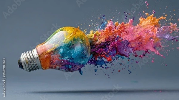 Fototapeta Conceptual lightbulb explosion of vibrant colorful paints, representing creativity, innovation, and bright ideas on gray background.
