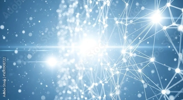 Fototapeta Abstract network of interconnected nodes and lines with bright light effect