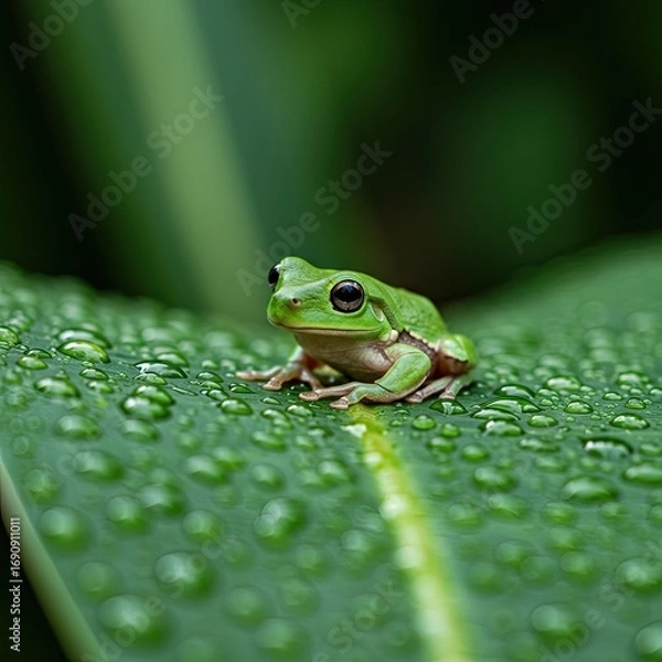 Fototapeta Closeup of a Vibrant Green Tree Frog Perched on a Dew-Covered Leaf in a Lush Green Forest Setting