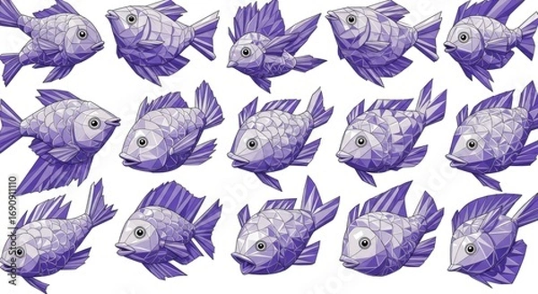 Fototapeta Collection of Purple Pixel Art Fish Illustrations on White Background Detailed Digital  Artwork of Aquatic Life Forms in a Uniform Style Seamless