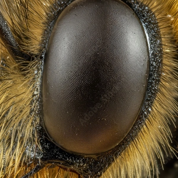 Fototapeta Detailed Close Up of a Bee's Eye Showing Golden Hairs and Dark Compound Eye Structure in a Macro Photograph