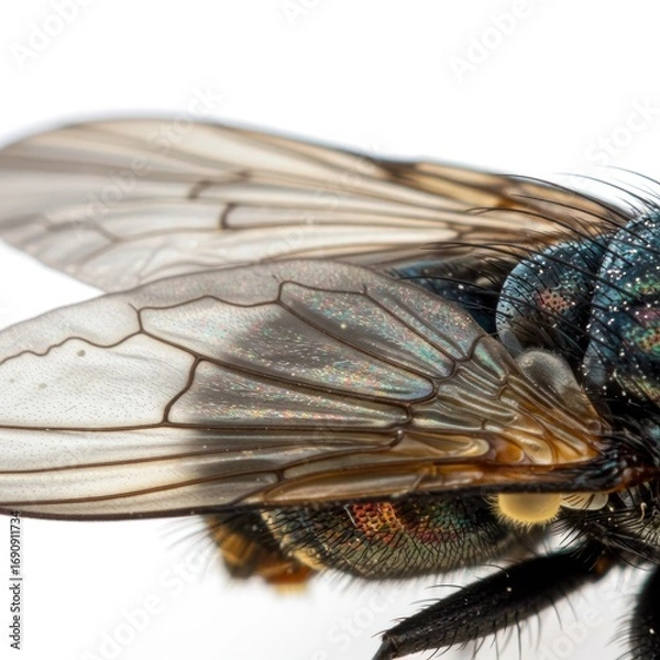 Fototapeta Detailed Close Up of a Fly Wing with Iridescent Veins Against a White Background. High Resolution Macro Photography Revealing Intricate Details of