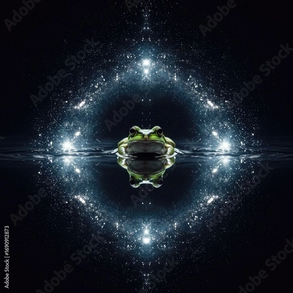 Fototapeta Green Frog in a Celestial Water Reflection: Dark Night Sky with Sparkling Lights, Symmetrical Design, and Serene Atmosphere
