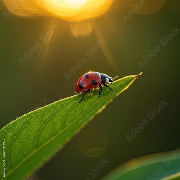 Fototapeta Ladybug on a Green Leaf at Sunset: A Detailed Close Up of a Red Ladybug with Black Spots Crawling on a Vibrant Green Leaf Backlit by a Warm Golden