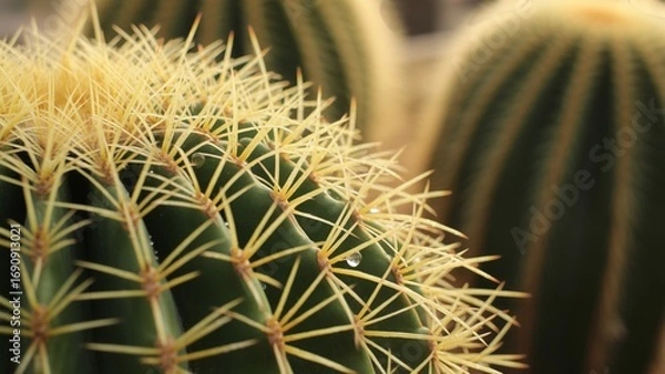 Fototapeta Intricate details of a golden barrel cactus with dew drops, showcasing nature's resilience and beauty in a desert environment, perfect for botanical prints and arid landscape designs