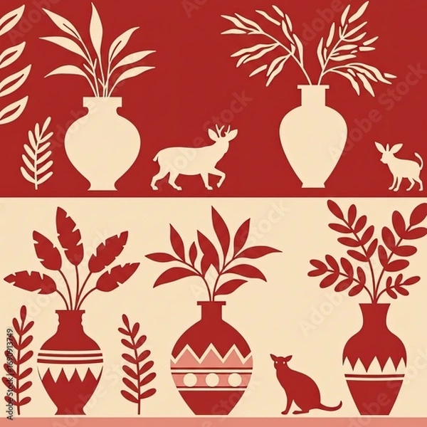 Fototapeta Red and Beige Decorative Pattern with Plants Animals and Vases a Vintage Style Illustration Featuring Silhouettes of Plants in Vases and Animals