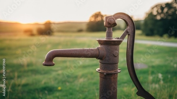 Fototapeta Step back in time with this rustic water pump at sunset, a nostalgic reminder of simpler days and sustainable living, perfect for projects about nature, history, or heritage