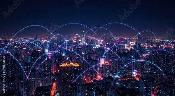 Fototapeta Futuristic smart city skyline at night with glowing data arcs representing a global communication network and technological innovation