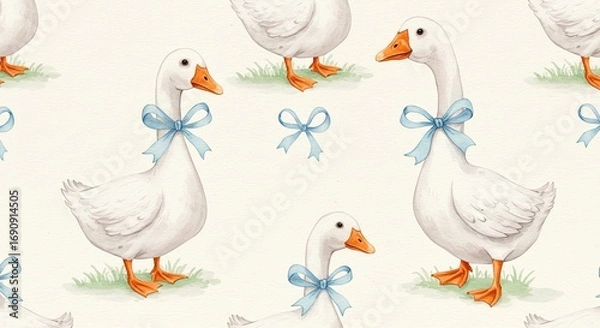 Fototapeta Seamless Pattern of White Geese with Light Blue Bows on a Cream Background Watercolor Illustration Featuring Farm Animals and Pastel Colors Ideal for